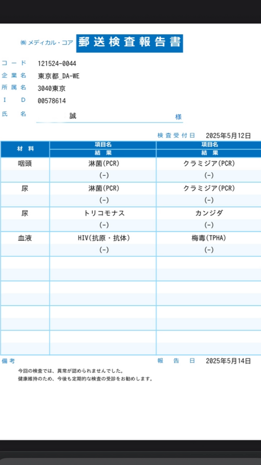 誠(ﾏｺﾄ) 性病検査を毎回投稿する事が大事なんよね