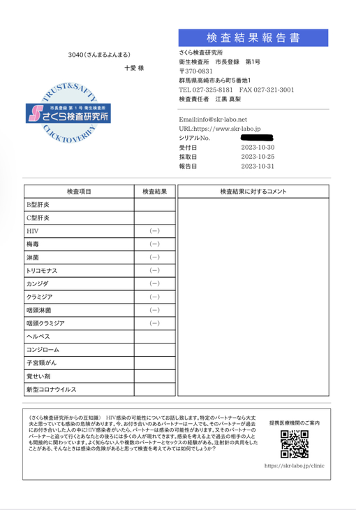 十愛(ﾄｱ) 性病検査結果報告書