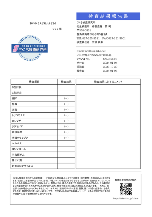 拓海(ﾀｸﾐ) 性病検査結果⭐️今月も安心安全に