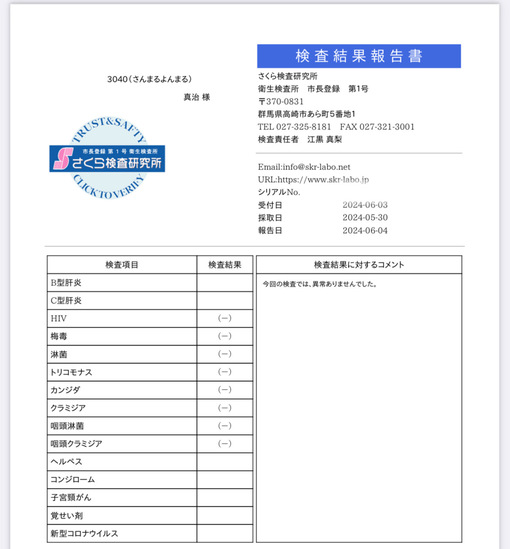 真治(ｼﾝｼﾞ) 6月も性病検査オールクリア