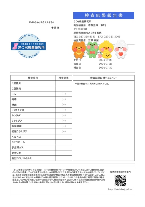 十愛(ﾄｱ) 性病検査結果報告書