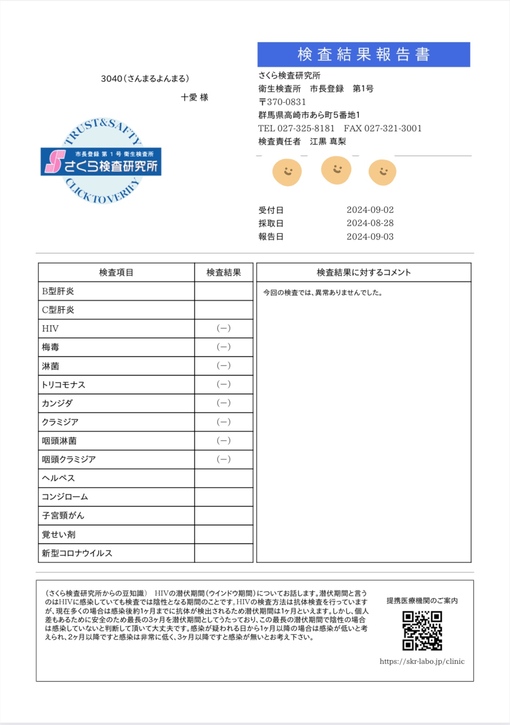 十愛(ﾄｱ) 性病検査結果報告書