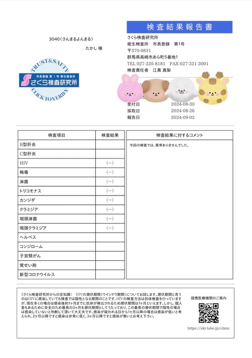 隆志(ﾀｶｼ) 8月の性病検査結果📝