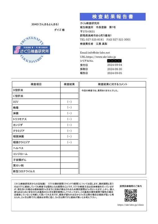 大悟 (ﾀﾞｲｺﾞ) 性病検査結果