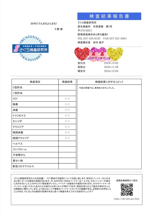 十愛(ﾄｱ) 性病検査結果報告書