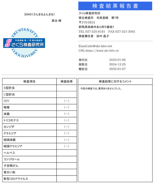 真治(ｼﾝｼﾞ) 1月性病検査クリア