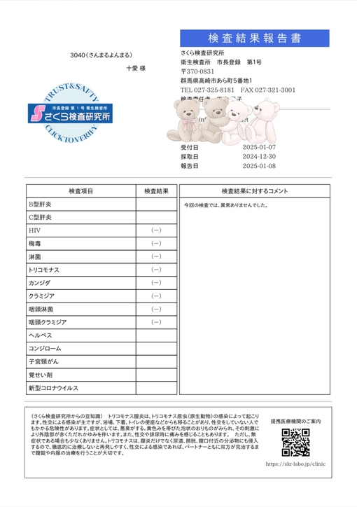 十愛(ﾄｱ) 性病検査結果報告書