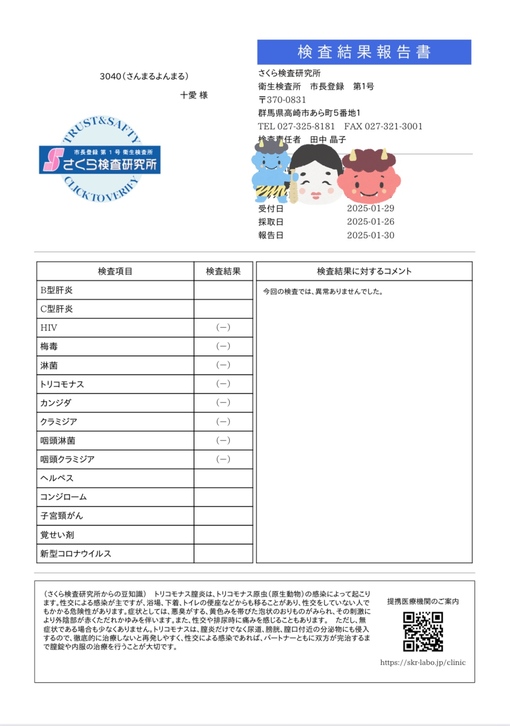 十愛(ﾄｱ) 性病検査結果報告書