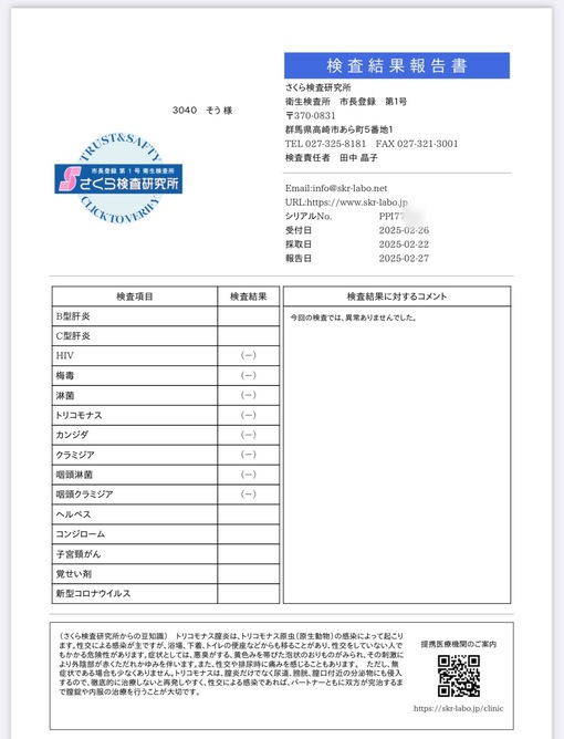 想(ｿｳ) 検査結果オール陰性