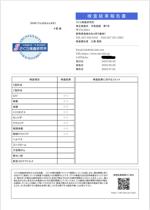 十愛(ﾄｱ) 性病検査検査結果報告